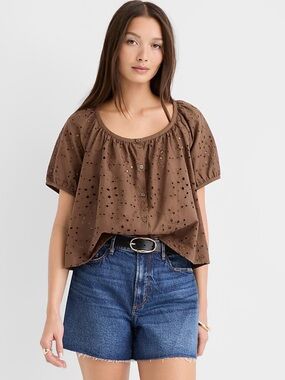 LOFT Brown Eyelet Puff-Sleeve Top Medium 100% Cotton NWT